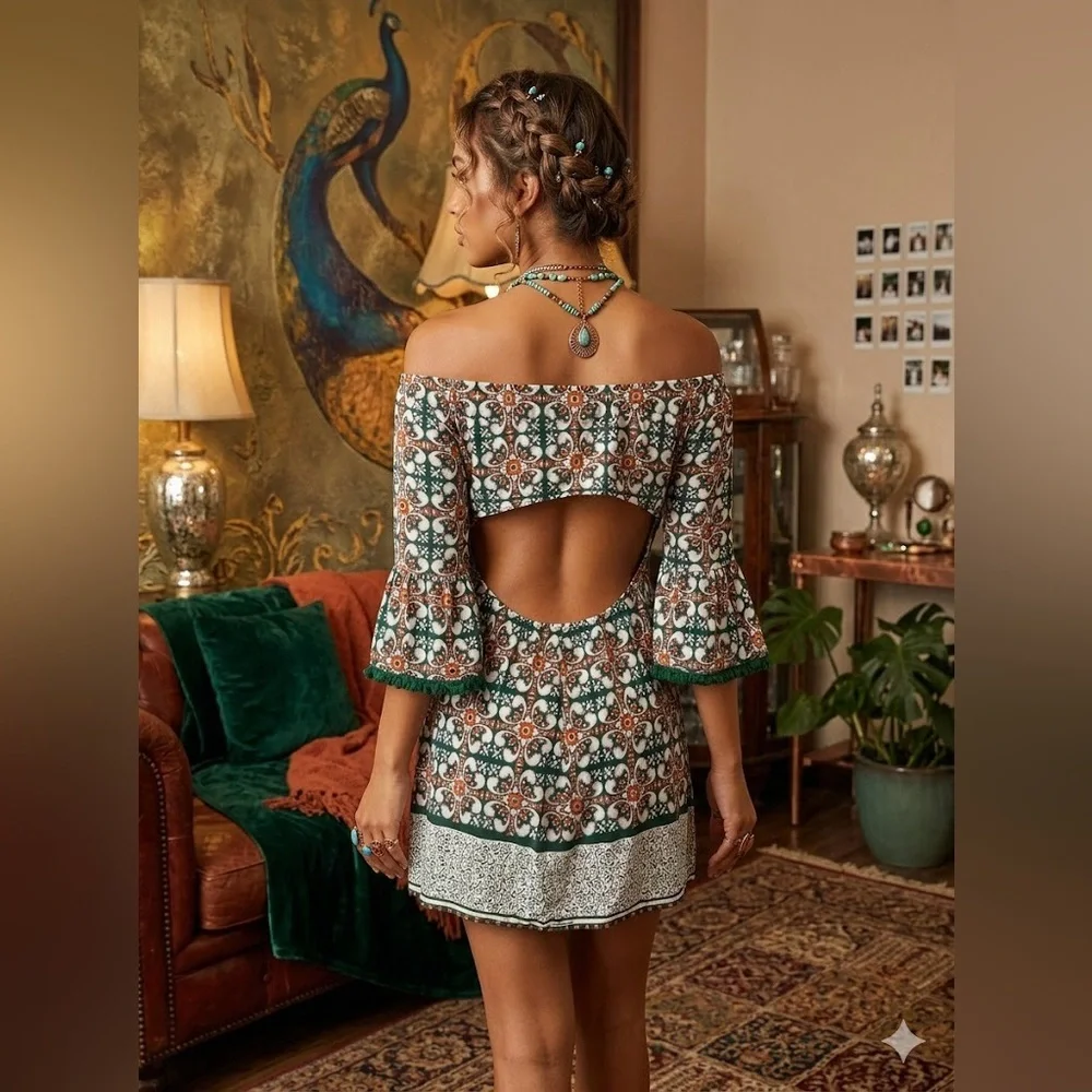 Lulus Boho Glam Open Back Medallion Print Bell Sleeve Mini Dress Size Large - Picture 2 of 12